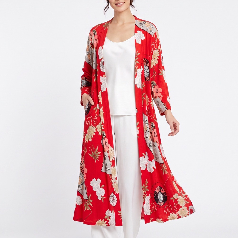 Carolyn Strauss Duster Women 2X Red Japanese Fan Floral Excellent